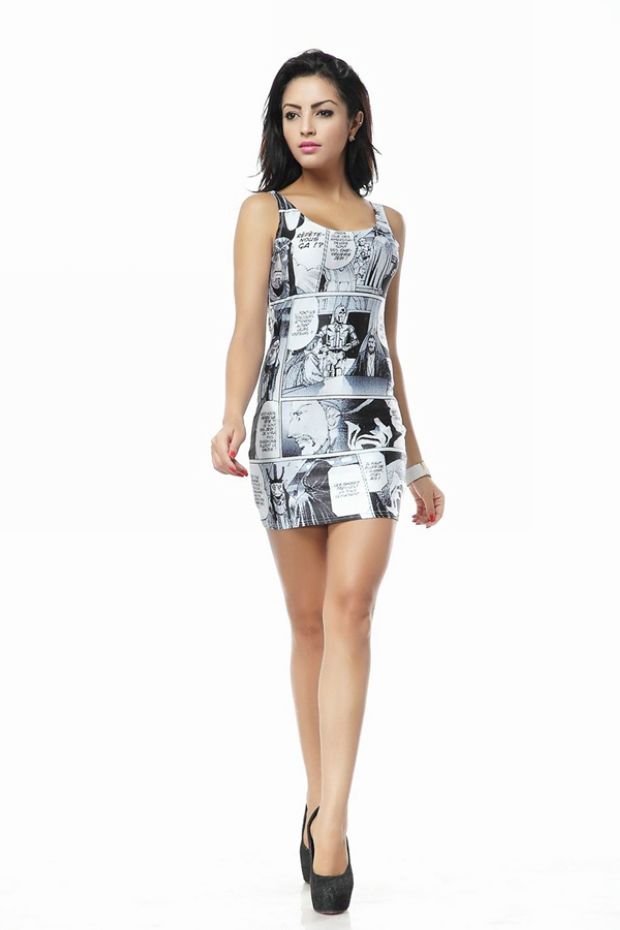 White and black comic print pencil dress